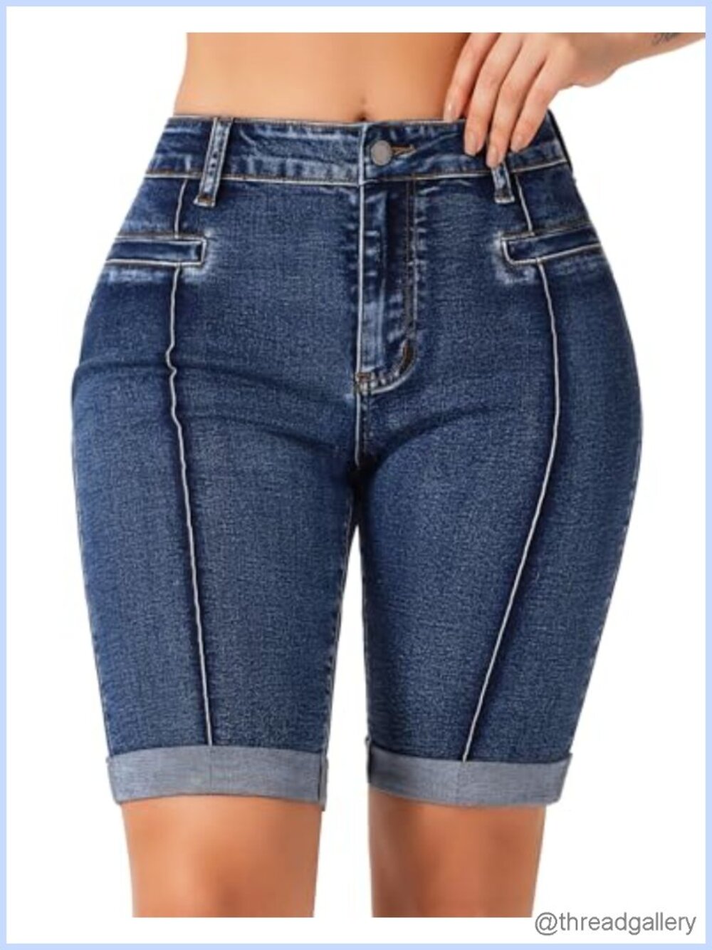 Stretchy Skinny Denim Bermuda Shorts Mid Rise Cuffed Hem Knee Length